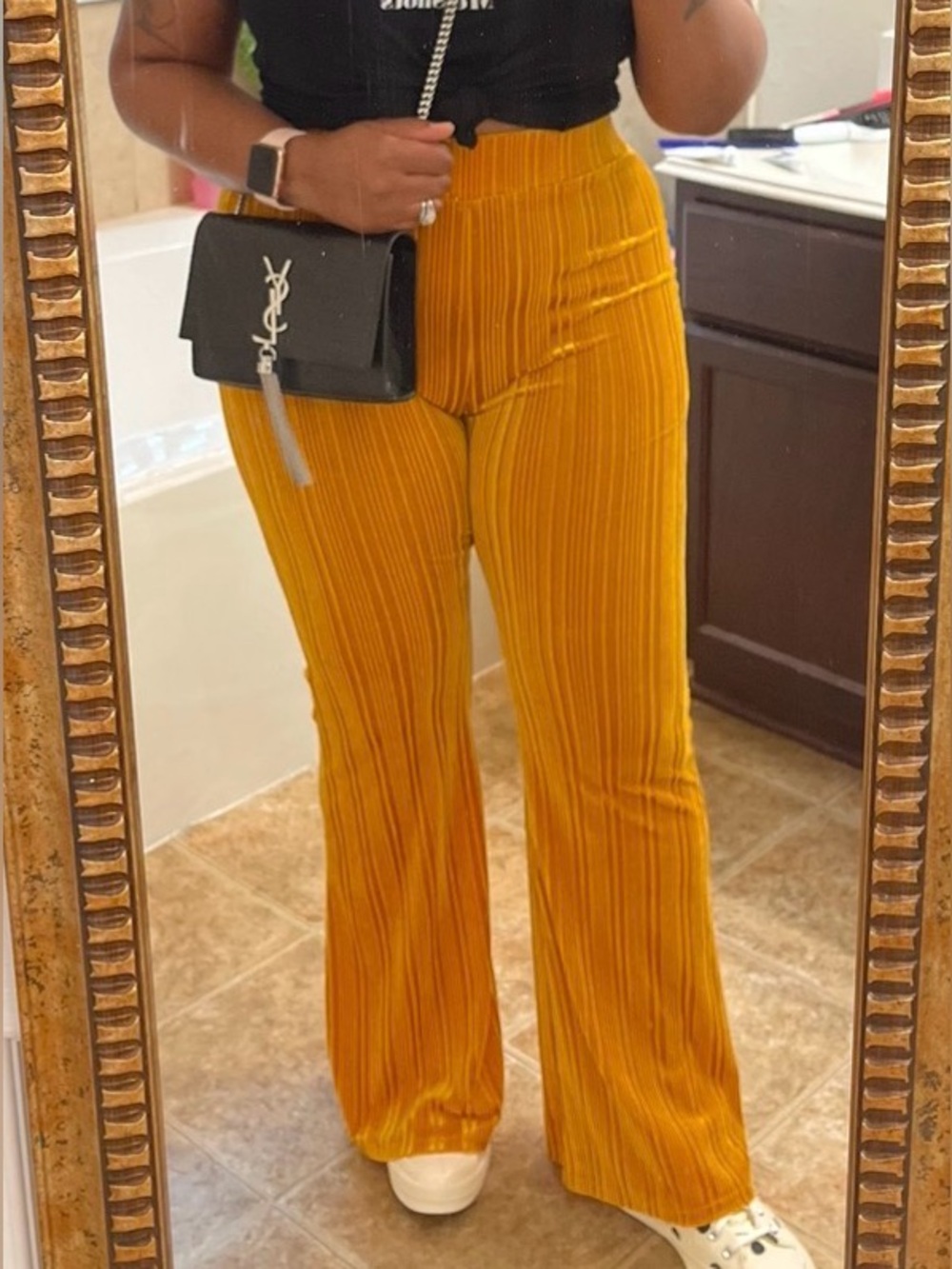 Forever 21 Mustard Ribbed Wide-Leg Velvet Pants